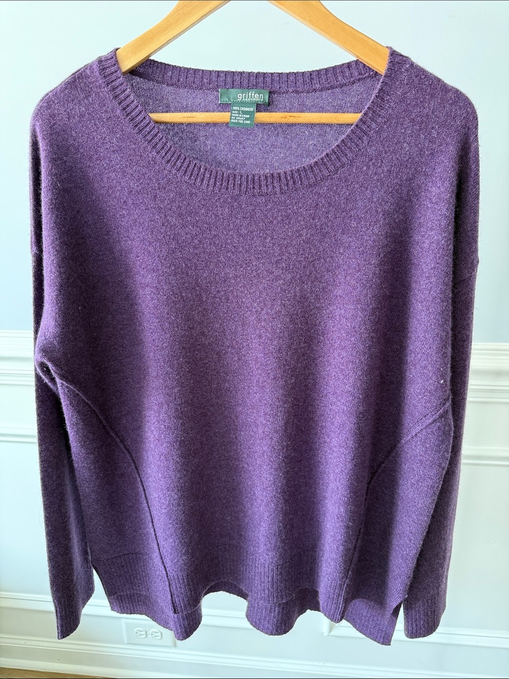 Griffen 100% Cashmere Sweater Women's L Large Purple Crew Neck Hi Low Pullover - Picture 5 of 5